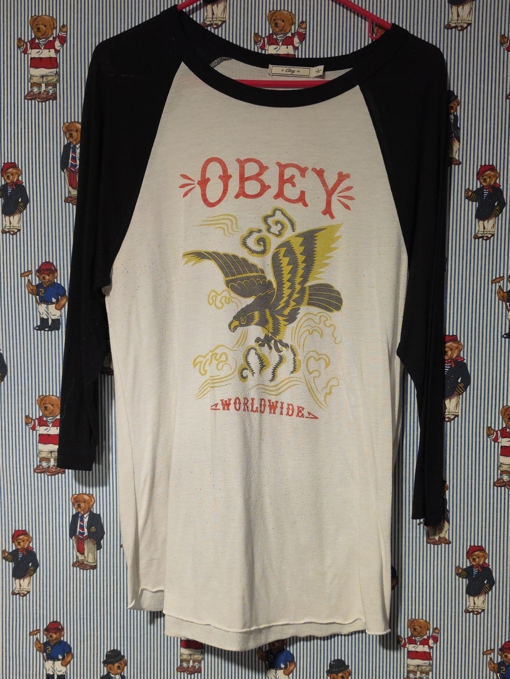 Vintage Obey Black & Cream Eagle Raglan Shirt Large
